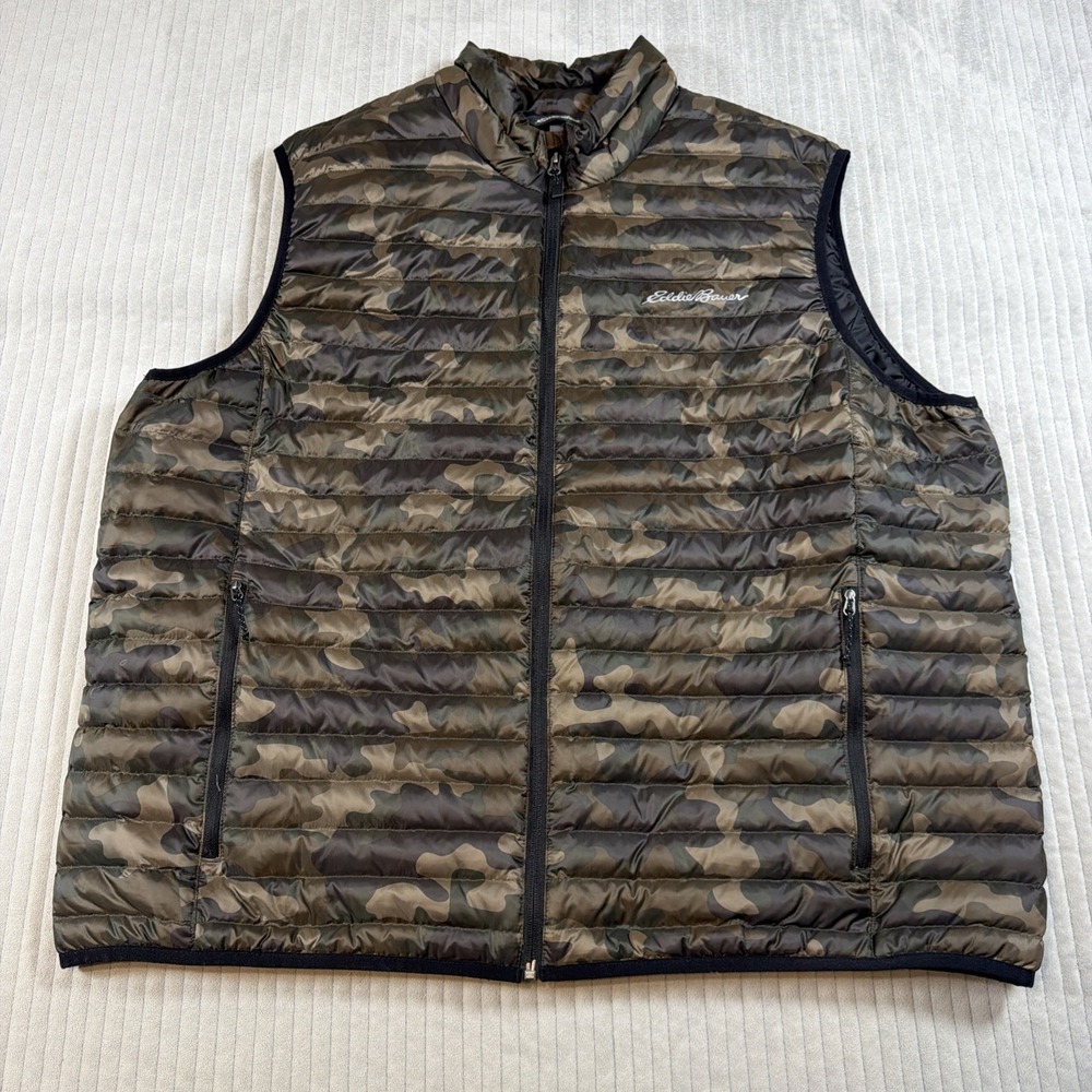 Eddie Bauer Vest Men 2XL Green Camo EB650 Down Insulated Full Zip Puffer Outdoor